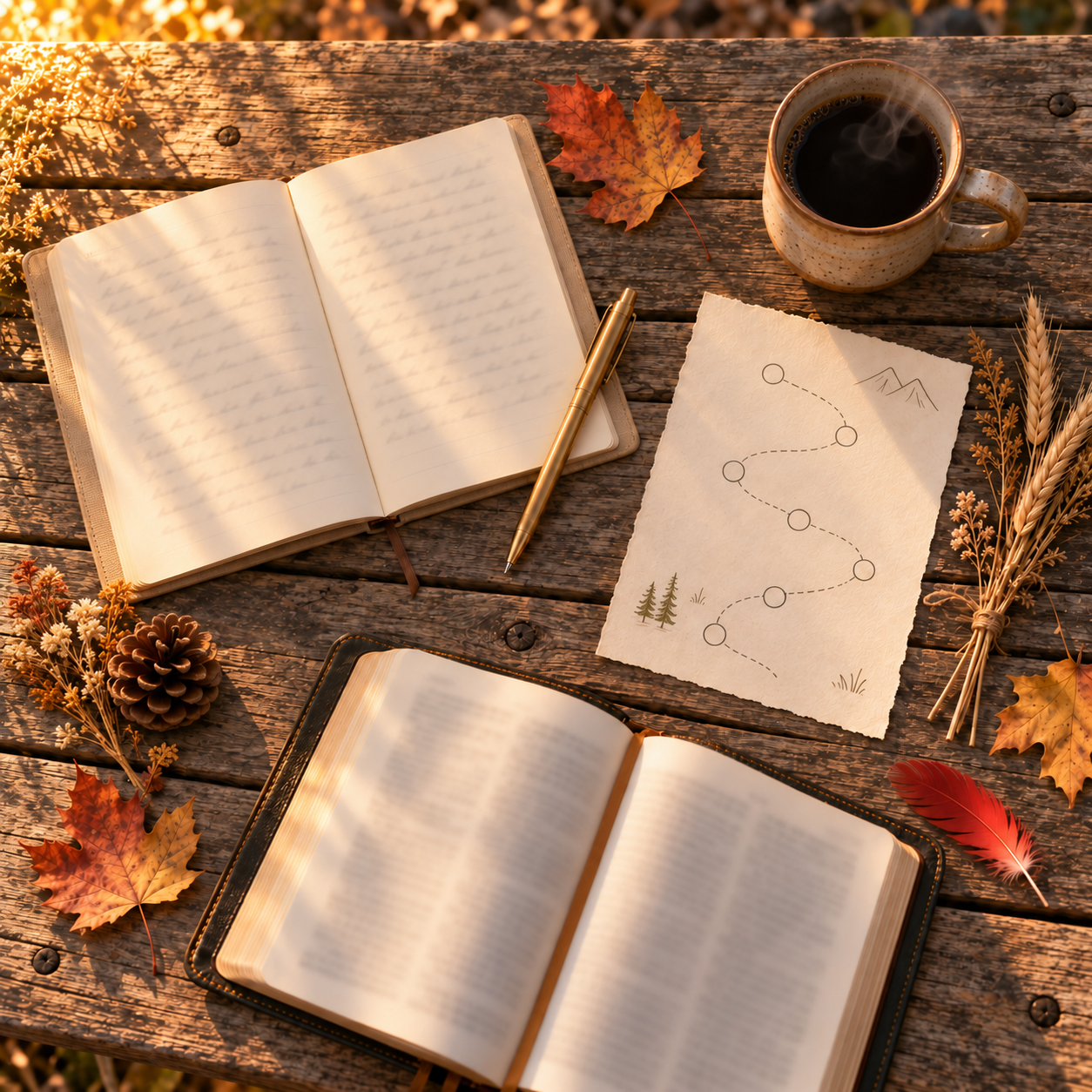 Journal, tracker, coffee and Bible
